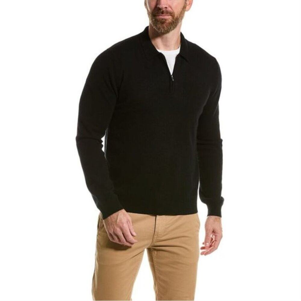 Amicale Small Cashmere 1/4 Zip Black Cashmere Polo Shirt Long Sleeve Workwear